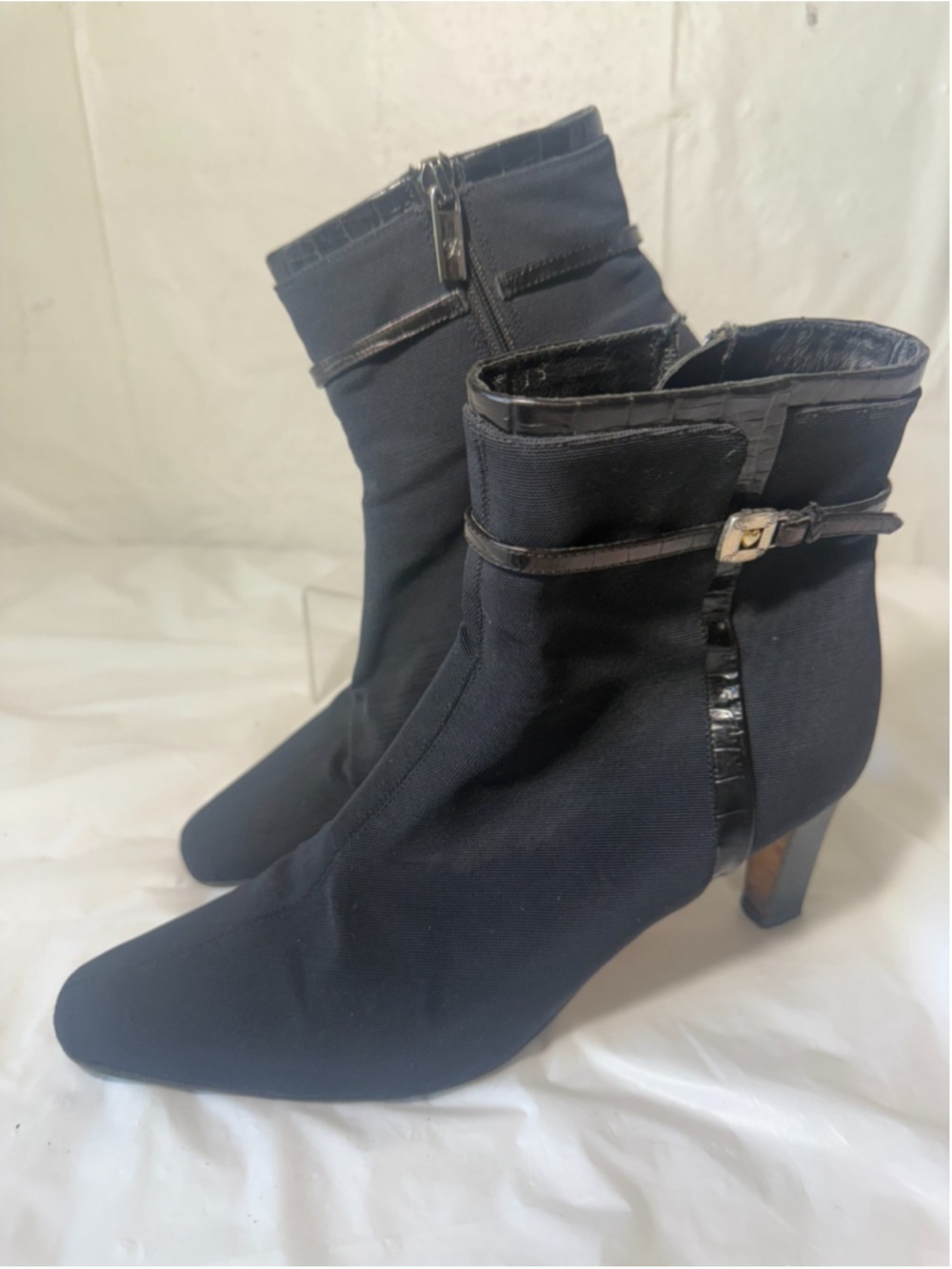 Brighton Black Regina Nylon Leather Heel Boots Side Zip Women’s Size 6.5